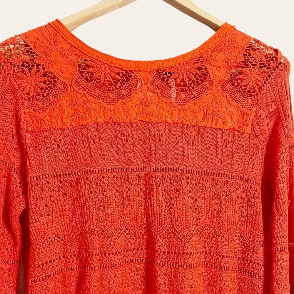 Free People Red Once Upon A Time Linen Crochet Bell Sleeve Top Size M